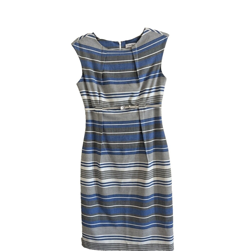 Calvin Klein Dress Womens 4 Blue White Striped Classic Sheath Lined Career Belt
